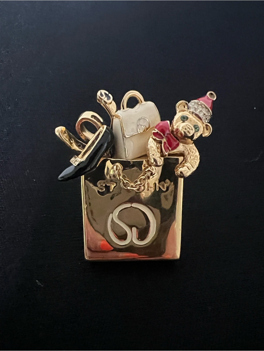 St. John Collection Gold-tone Shopping Bag Brooch with Red and Black Accents